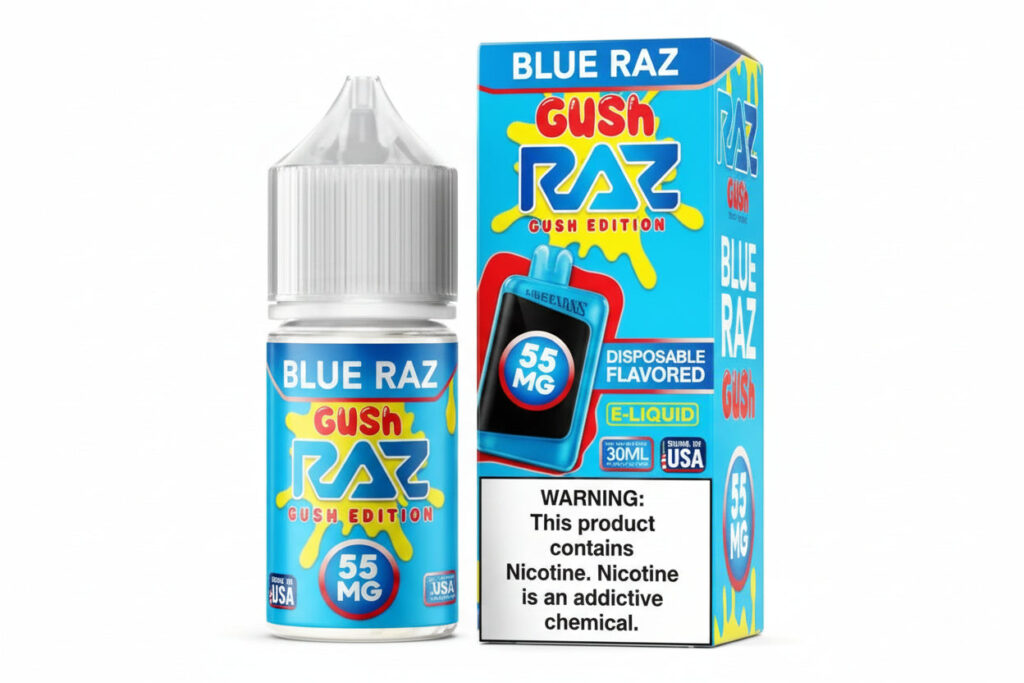 Blue Raz Gush disposable vape device packaging with warning label on a white background