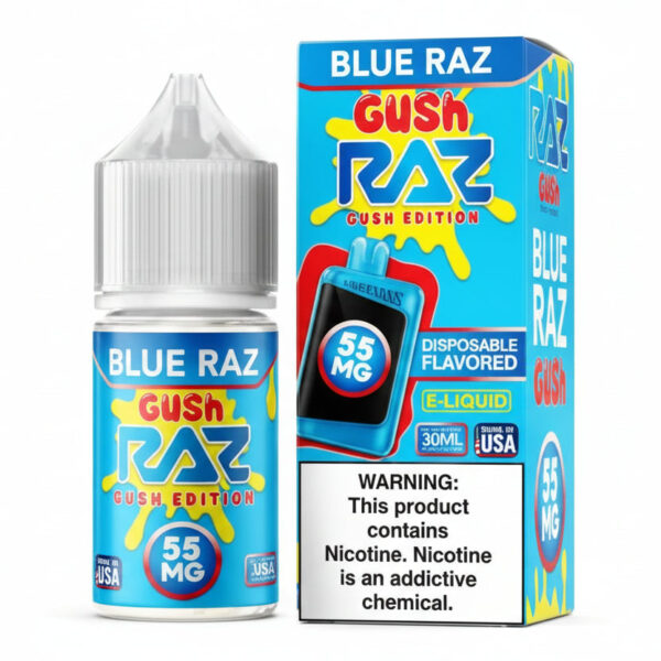 Blue Raz Gush disposable vape device packaging with warning label on a white background