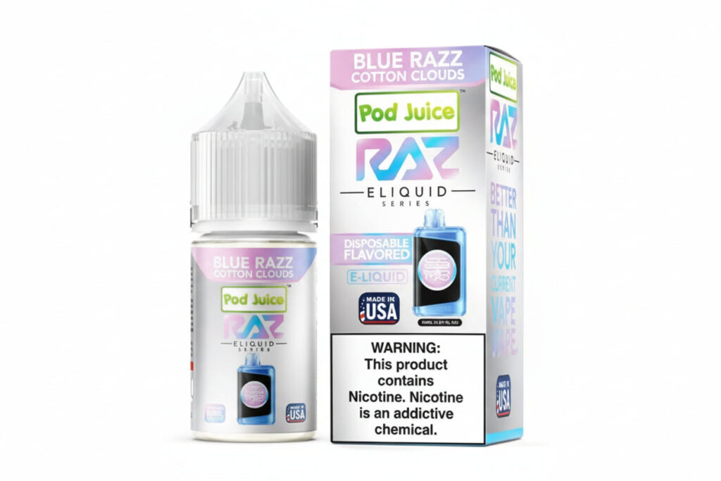 Pod Juice RAZ eliquid bottle and packaging on a white background