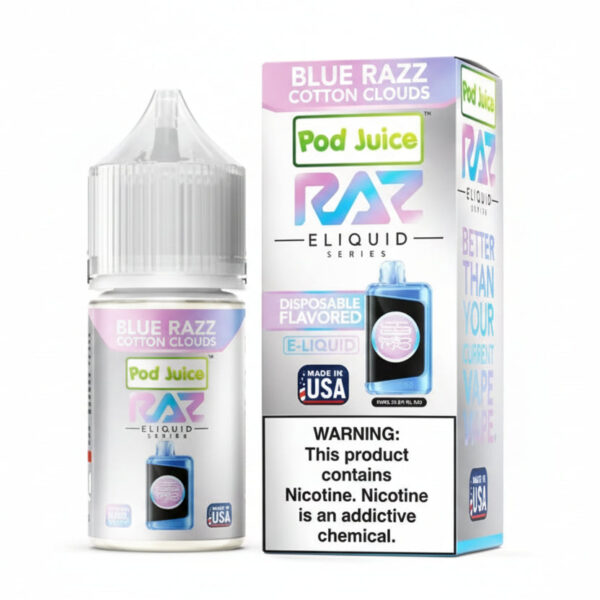 Pod Juice RAZ eliquid bottle and packaging on a white background