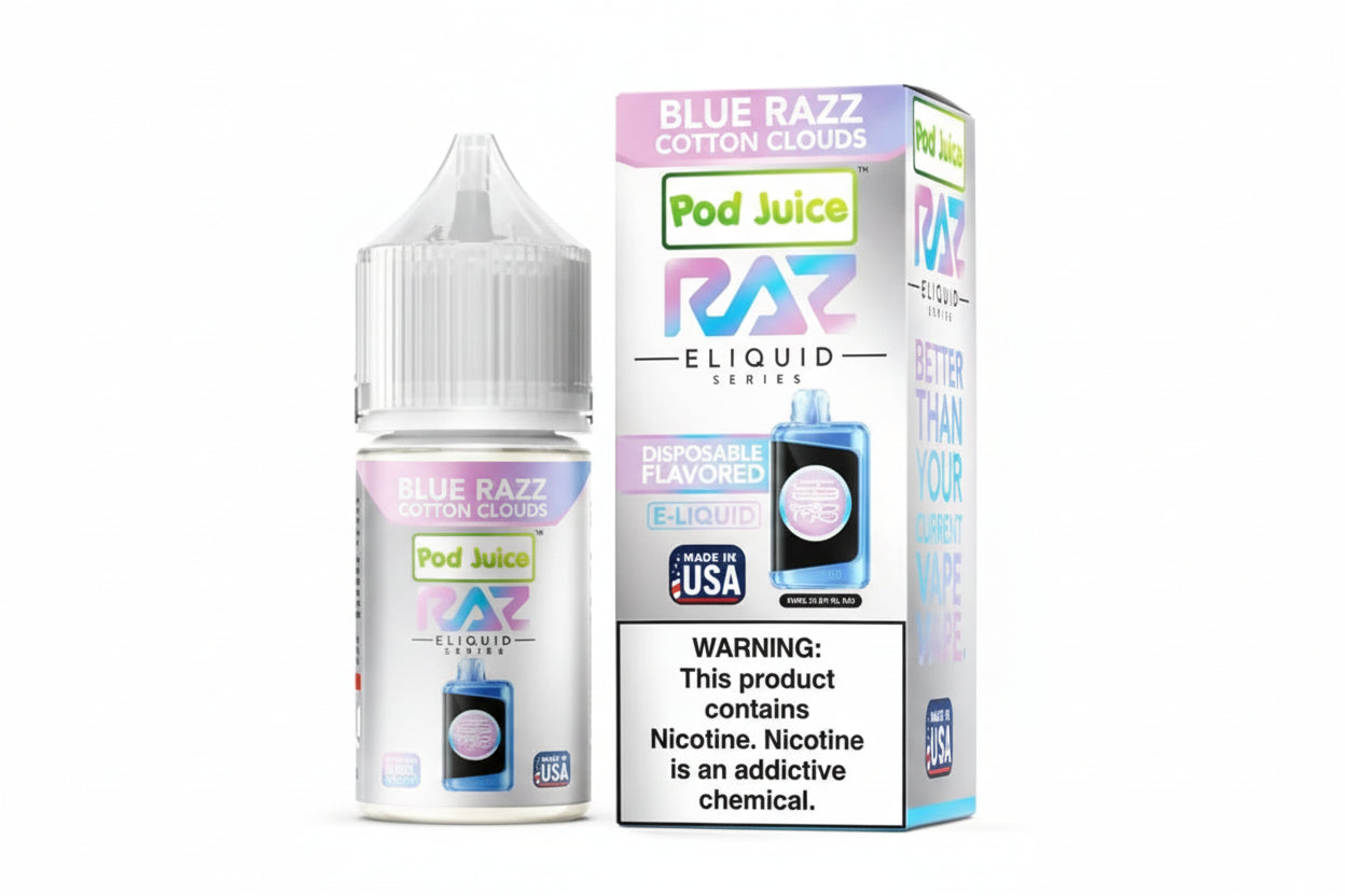 Pod Juice RAZ eliquid bottle and packaging on a white background