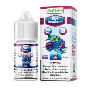 Blue_Raspberry_Pod_Juice Pod Juice Blue Raspberry e-liquid bottle and packaging on a white background