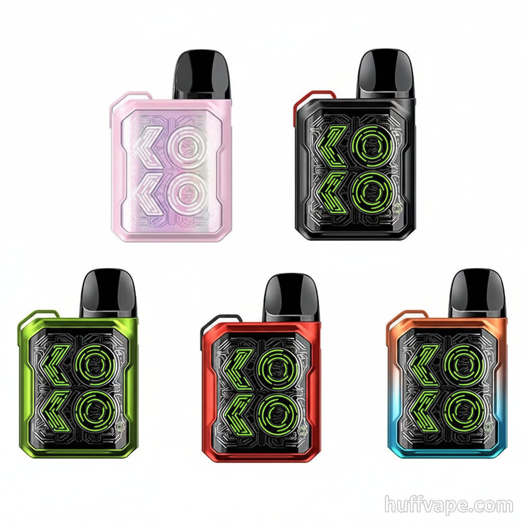 Set of KOVO vape devices in various colors on a white background