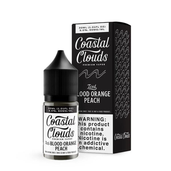 Coastal Clouds Blood Orange Peach vape juice bottle and packaging on a white background