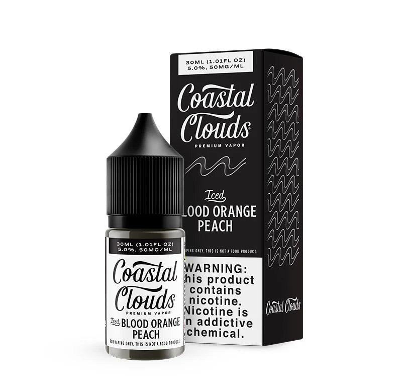 Coastal Clouds Blood Orange Peach vape juice bottle and packaging on a white background