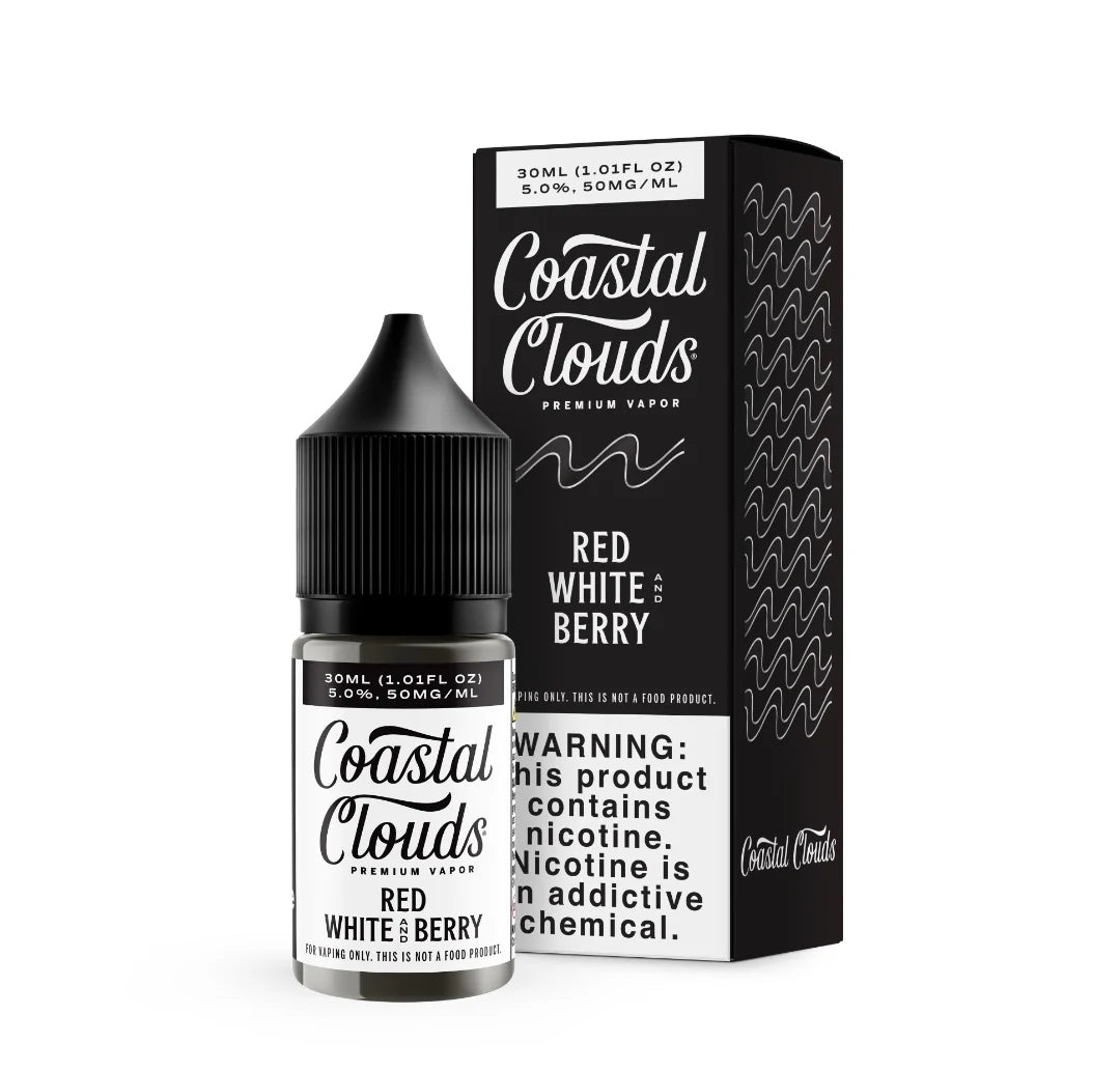 Coastal Clouds vape juice bottle and packaging on a white background