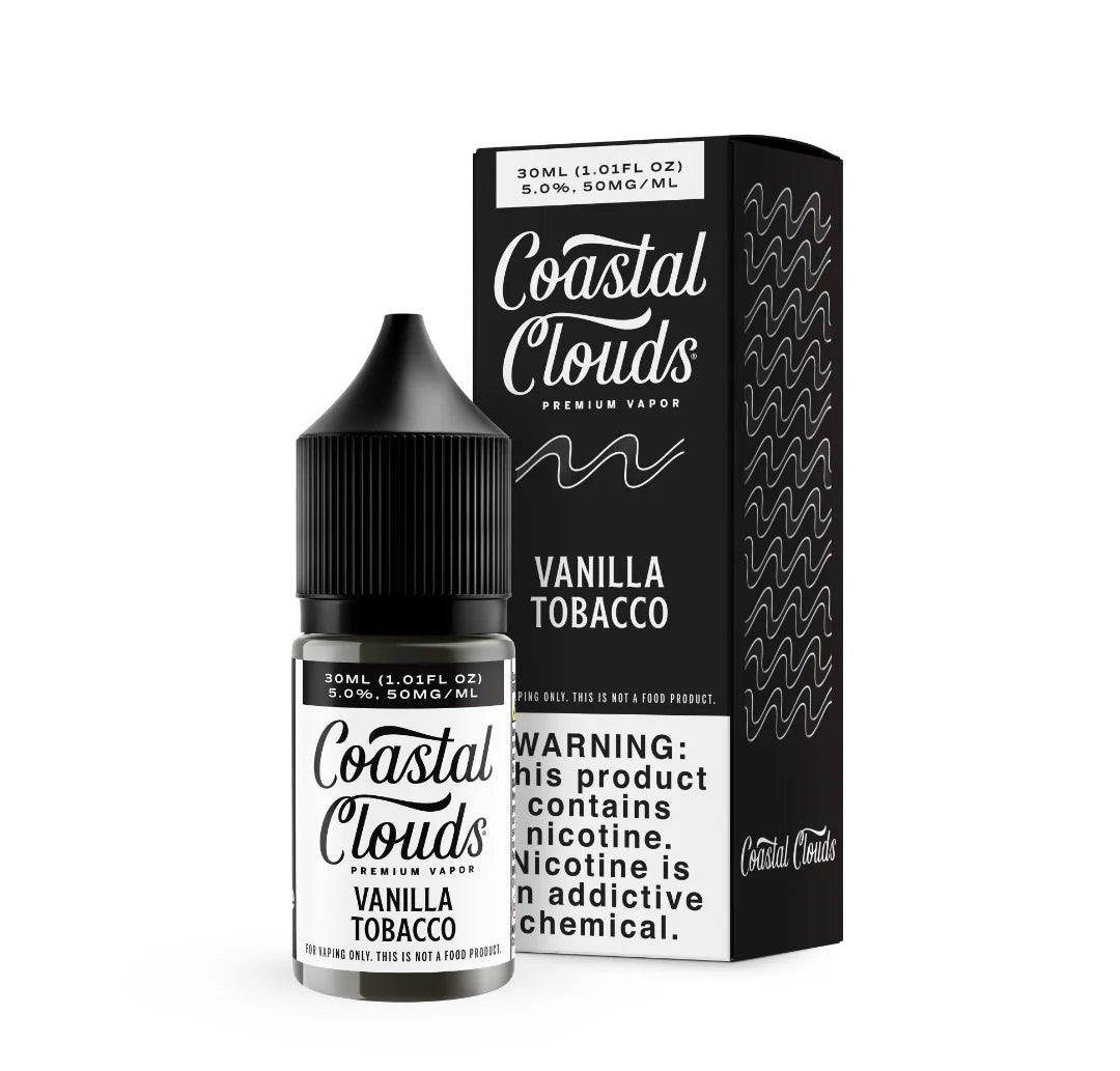 Coastal Clouds Vanilla Tobacco e-liquid bottle and packaging on a white background
