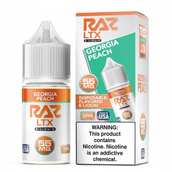 RAZ LTX Georgia Peach e-liquid bottle and packaging on a white background