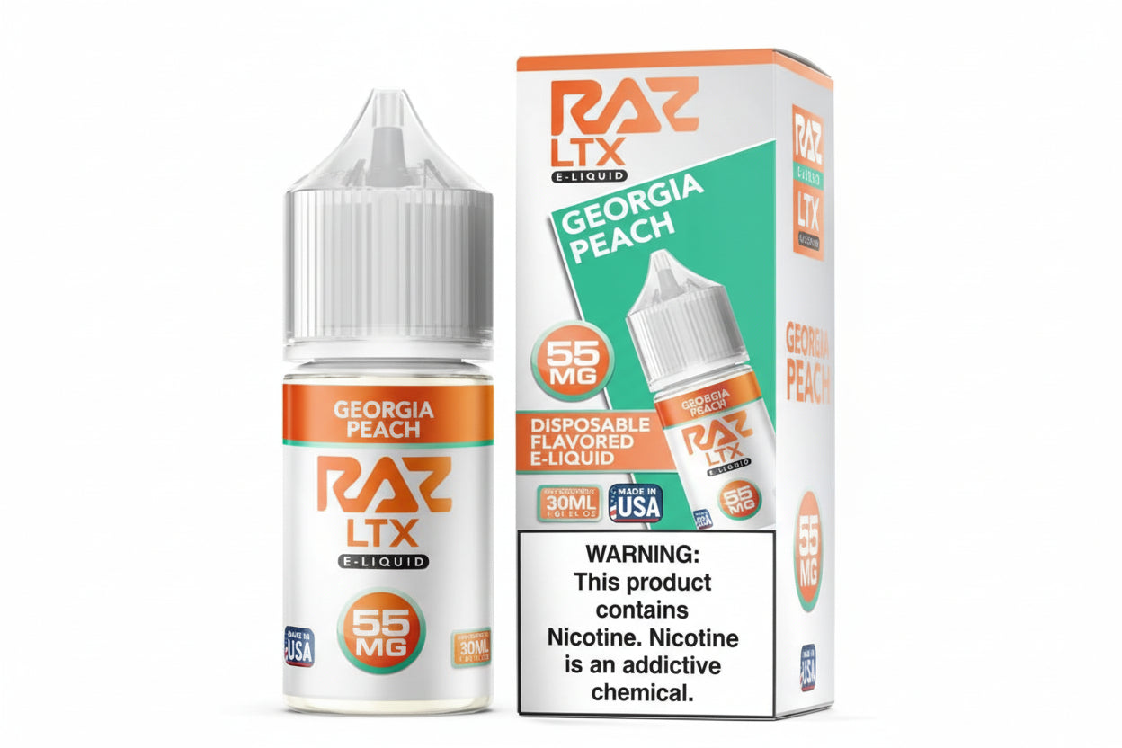 RAZ LTX Georgia Peach e-liquid bottle and packaging on a white background