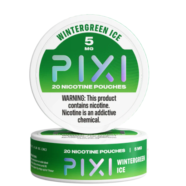 Green and white container of PIXI Wintergreen Ice nicotine pouches on a white background