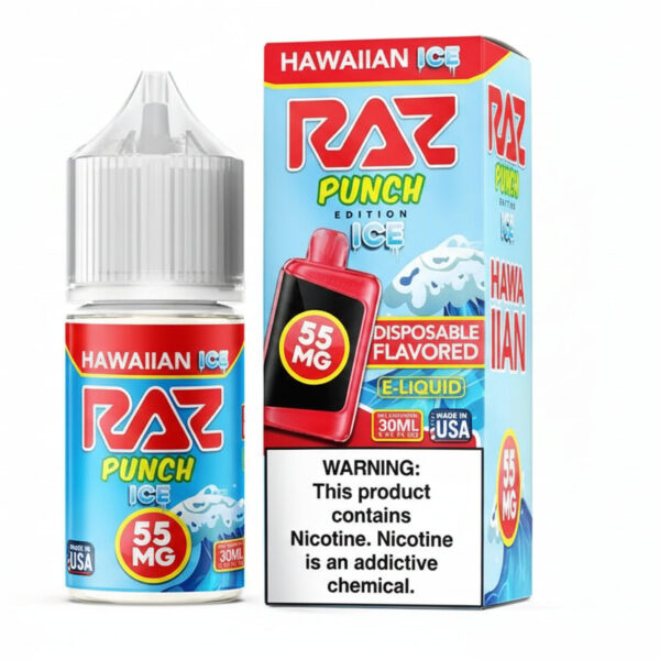 RAZ disposable e-liquid bottle and packaging with Hawaiian Ice flavor on a white background