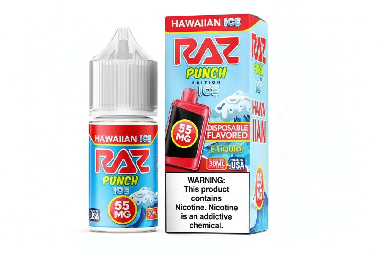 RAZ disposable e-liquid bottle and packaging with Hawaiian Ice flavor on a white background
