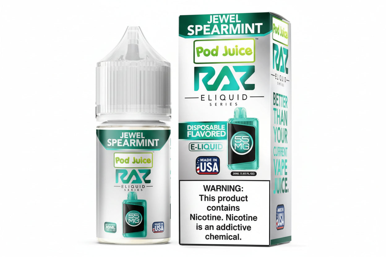 RAZ E-Liquid Jewel Spearmint bottle and packaging on a white background