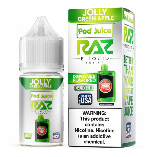 Pod Juice RAZ Jolly Green Apple e-liquid bottle and packaging on a white background