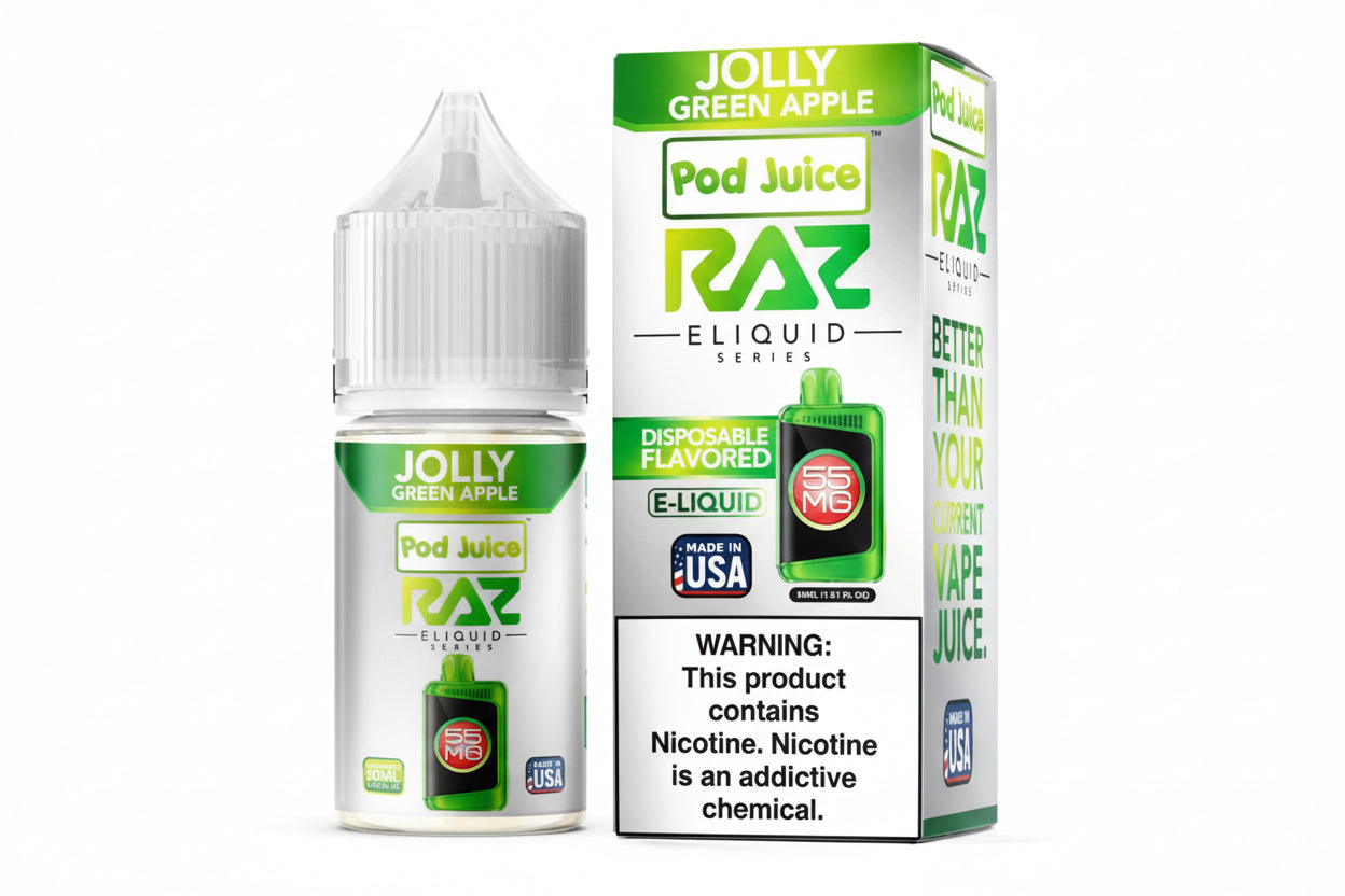 Pod Juice RAZ Jolly Green Apple e-liquid bottle and packaging on a white background