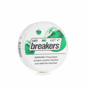 Lucy_Breakers_Nicotine_Pouches_-_Mint Lucy Breakers nicotine pouches packaging with green and white design on a white background
