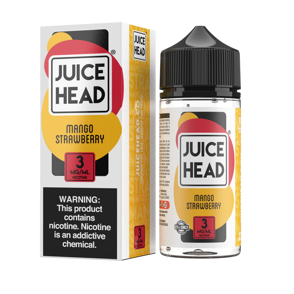 Juice Head Mango Strawberry e-liquid bottle and packaging on a white background