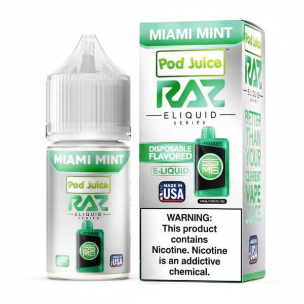 Pod Juice RAZ E-Liquid Miami Mint packaging on a white background