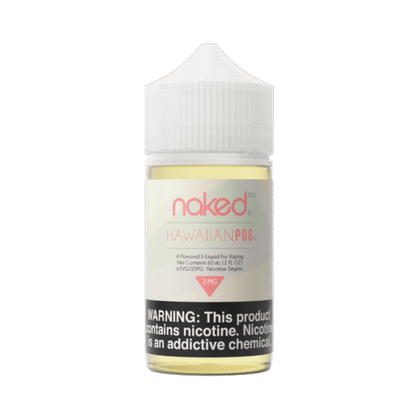 Naked 100 Hawaiian POG vape juice bottle on a green background
