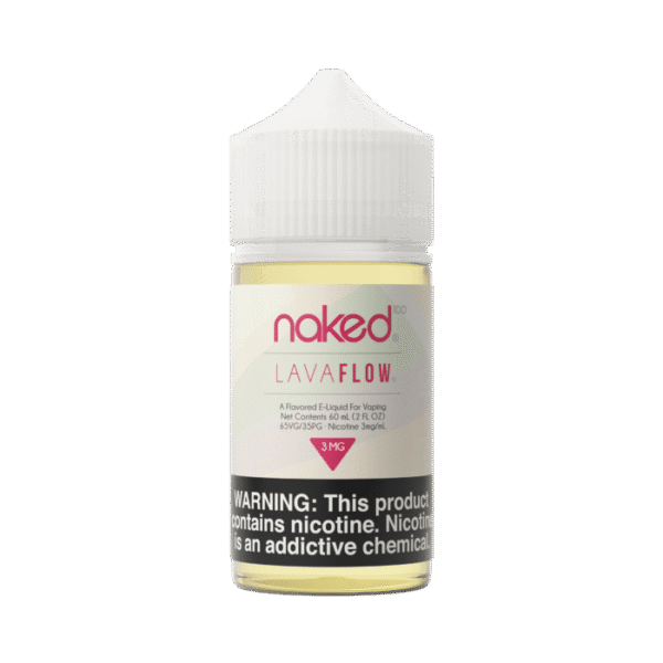 Naked Lava Flow vape juice bottle on a green background
