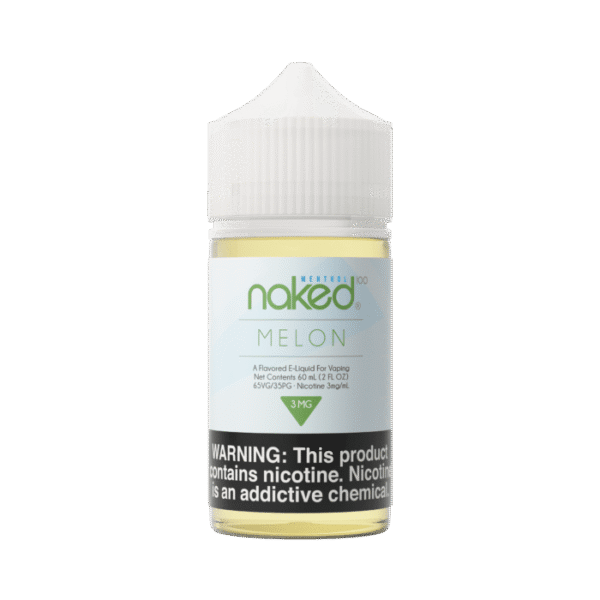 Naked Melon vape juice bottle on a green background