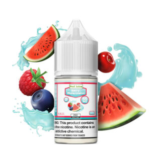 PJ-BW-30ML-Assets_800x_0e415ed7-47cd-4ffe-b102-29b1a84af6b4 Vape juice bottle labeled 'Berry Watermelon' with watermelon slices, berries, and blueberries on a white background.