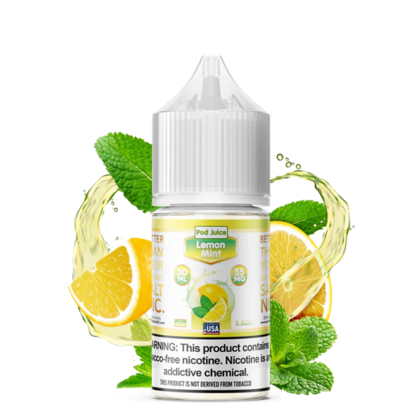 Bottle of Lemon Mint flavored e-liquid with lemon slices and mint leaves on a white background