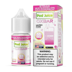 PJ-OX-DUO-SWD-30ml-800x800_grande_565e1dd1-ae2e-4336-9bf3-4edc2c84b622 Pod Juice Oxbar vape juice bottle and packaging with strawberry watermelon dragonfruit flavor on a white background.