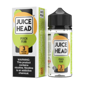 PeachPearRegular3mg100ml Juice Head Peach Pear e-liquid bottle and packaging on a white background