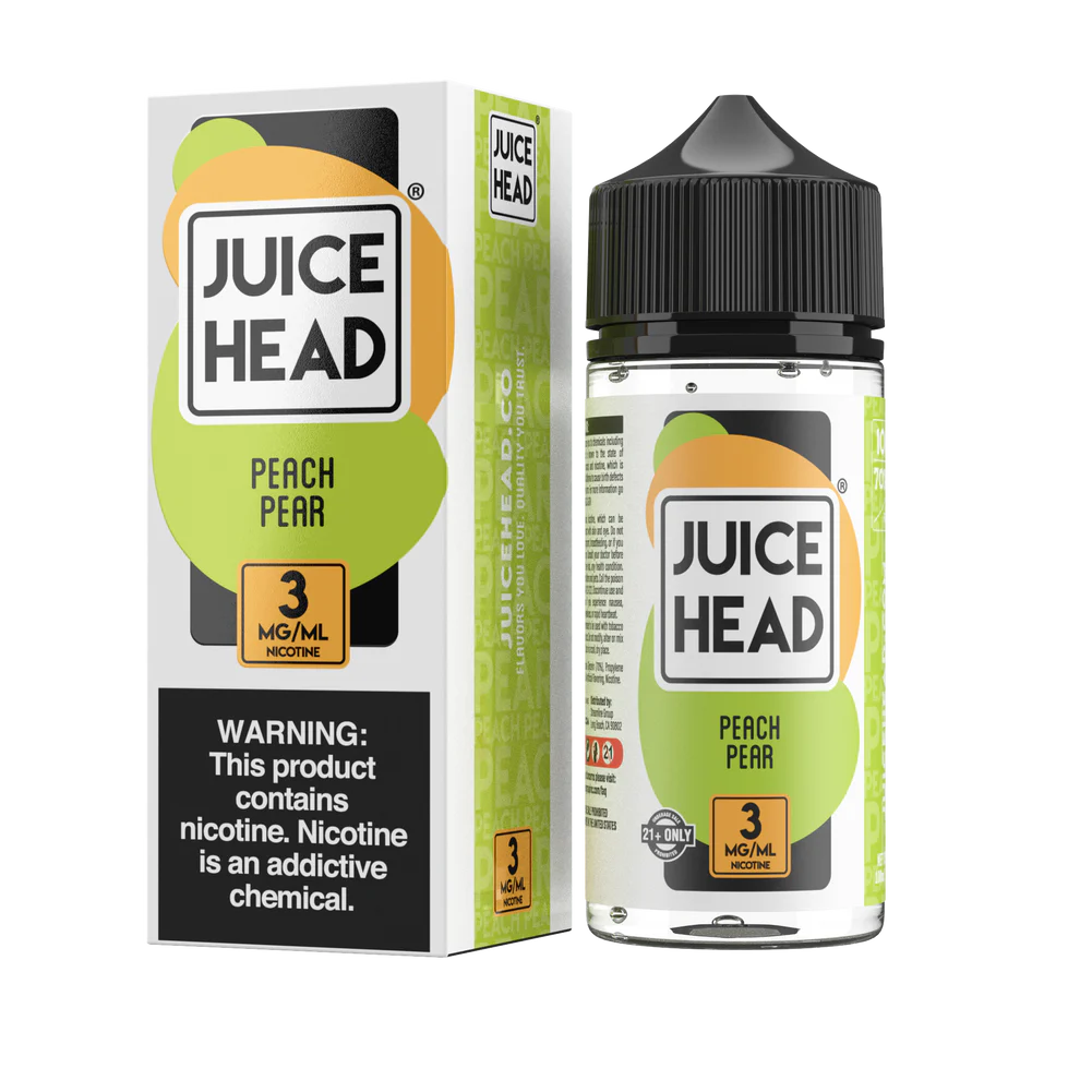 Juice Head Peach Pear e-liquid bottle and packaging on a white background