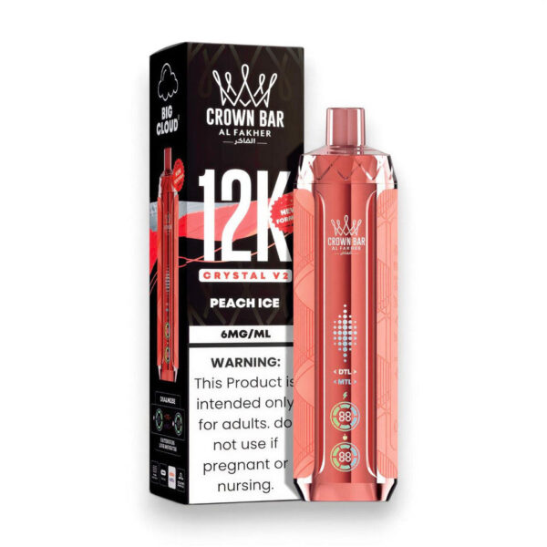 Discover Peach Ice AL Fakher Crown Bar Crystal V2 Disposable Vape featuring juicy peach flavor, icy finish, rechargeable battery, and up to 12,000 puffs.
