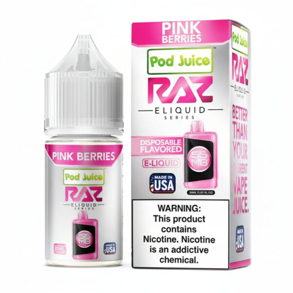 Pod Juice RAZ E-Liquid Pink Berries bottle and packaging on a white background