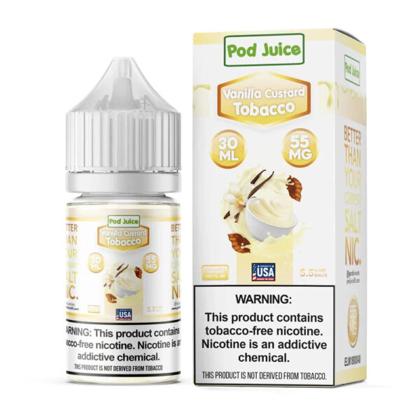 Pod-Juice-DUO-Mockup-VCT-DESSERTS-30ml Pod Juice Vanilla Custard Tobacco e-liquid bottle and packaging on a white background
