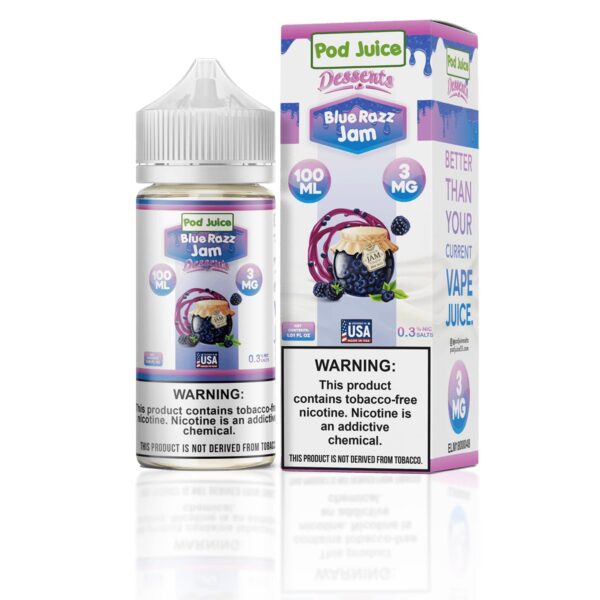 Pod Juice Blue Razz Jam vape juice bottle and packaging on a white background