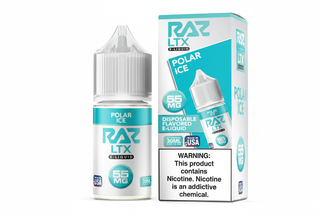 RAZ LTX Polar Ice disposable e-liquid bottle and packaging on a white background
