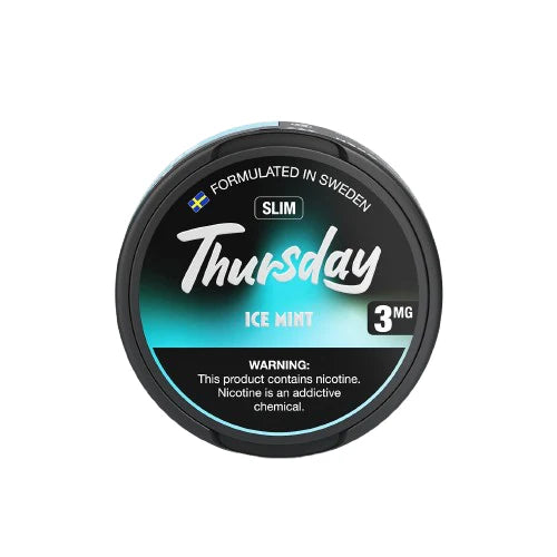 Thursday Ice Mint nicotine pouch with branding and warning label on a white background
