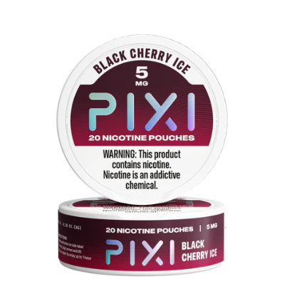 PIXI Black Cherry Ice nicotine pouches packaging on a white background