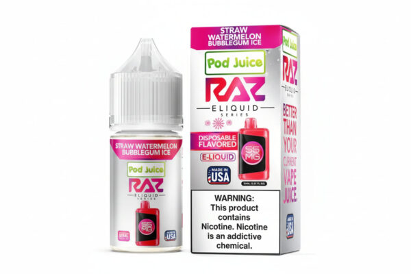 Pod Juice RAZ Eliquid disposable vape bottle and packaging on a white background