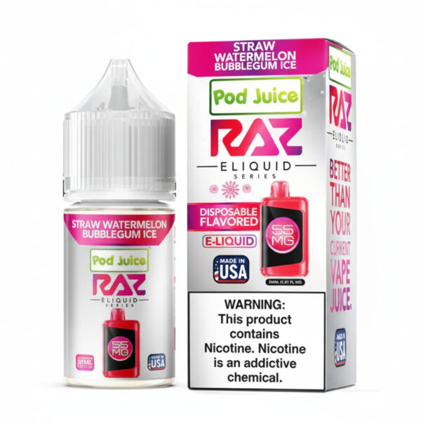 Pod Juice RAZ Eliquid disposable vape bottle and packaging on a white background