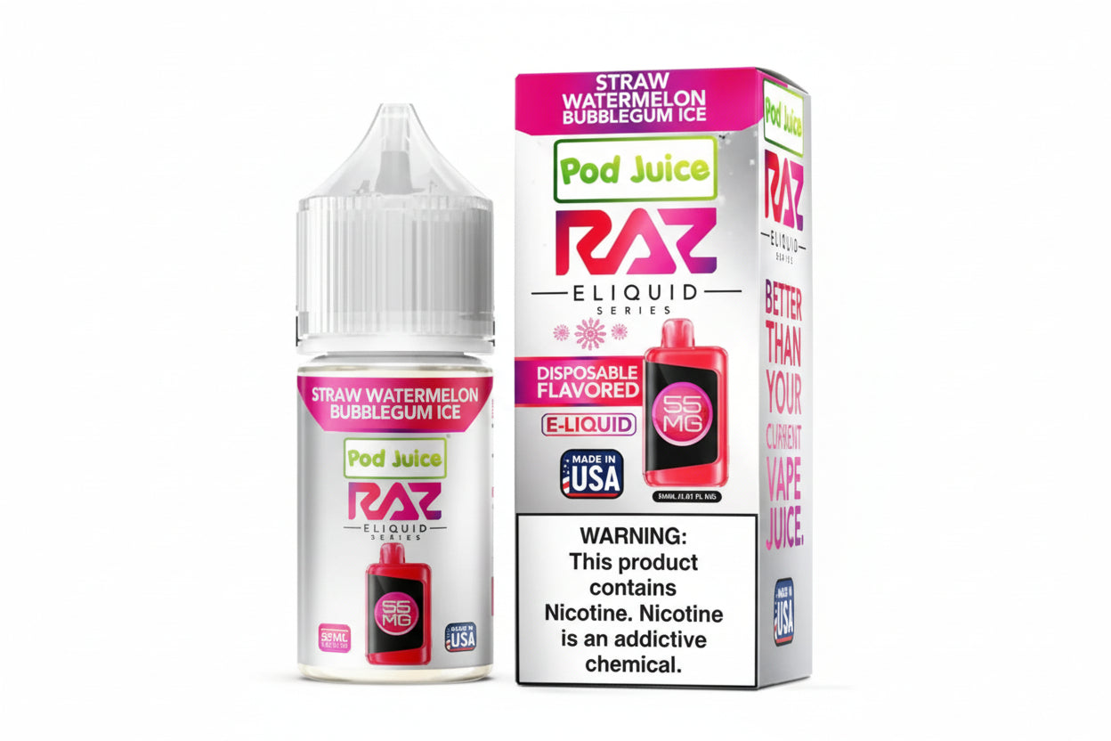 Pod Juice RAZ Eliquid disposable vape bottle and packaging on a white background