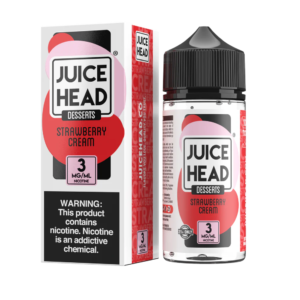 StrawberryCreamZTNDesserts3mg100ml Juice Head Strawberry Cream e-liquid bottle and packaging on a white background