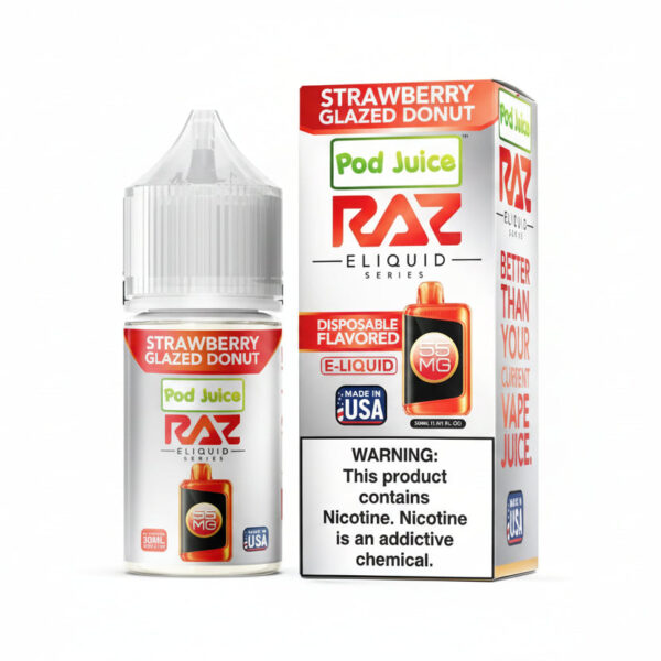 Pod Juice RAZ Strawberry Glazed Donut eliquid bottle and packaging on a white background