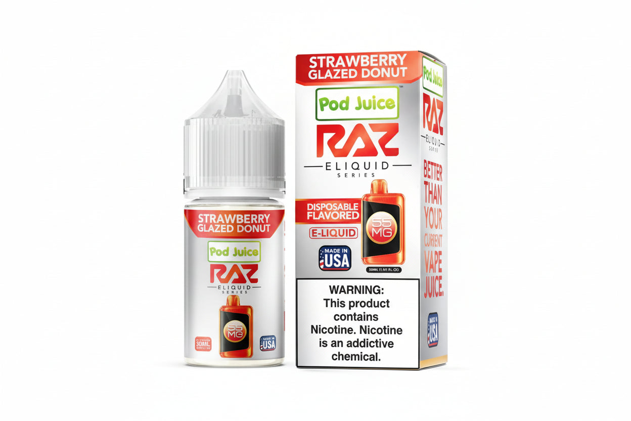 Pod Juice RAZ Strawberry Glazed Donut eliquid bottle and packaging on a white background