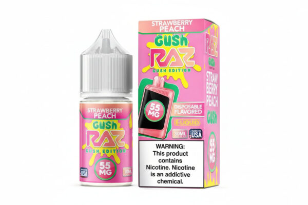 Gush Raz Strawberry Peach e-liquid bottle and packaging on a white background