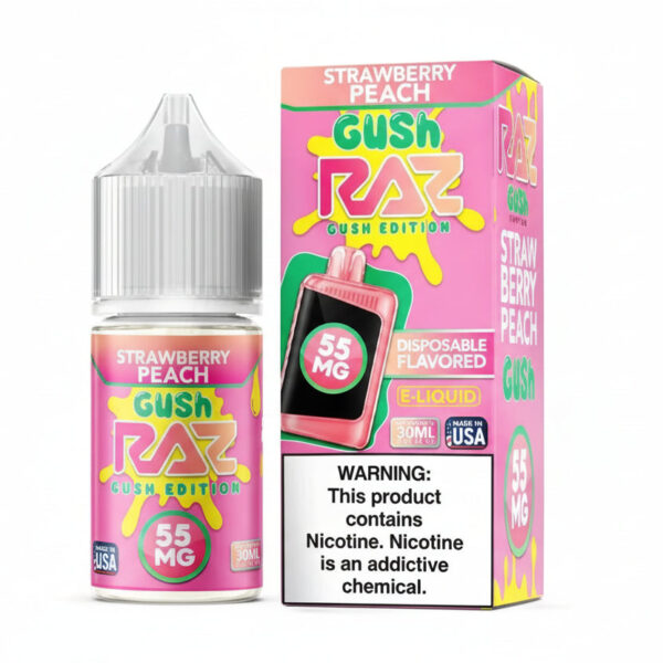 Gush Raz Strawberry Peach e-liquid bottle and packaging on a white background