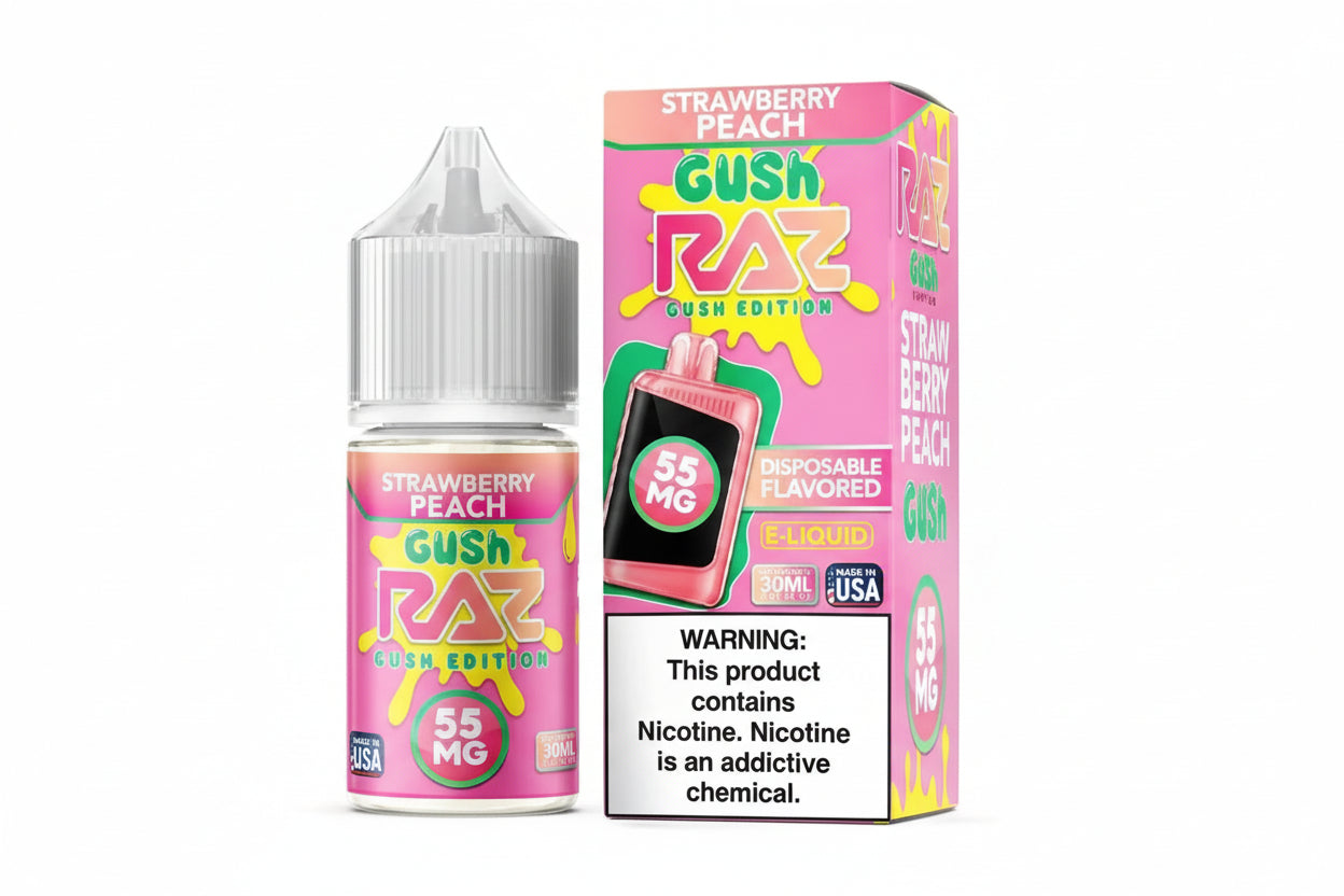 Gush Raz Strawberry Peach e-liquid bottle and packaging on a white background