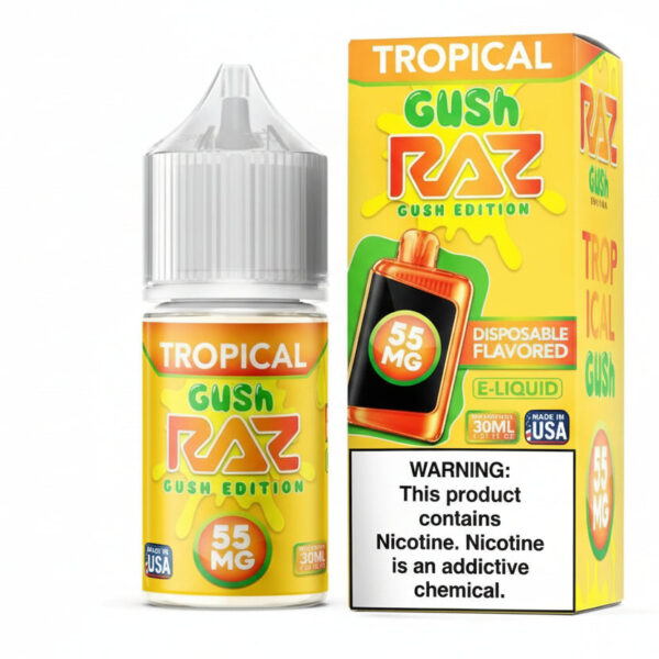 Tropical Gush Raz disposable e-liquid bottle and packaging on a white background