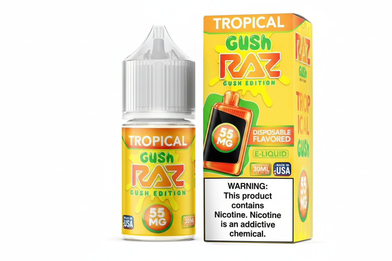 Tropical Gush Raz disposable e-liquid bottle and packaging on a white background