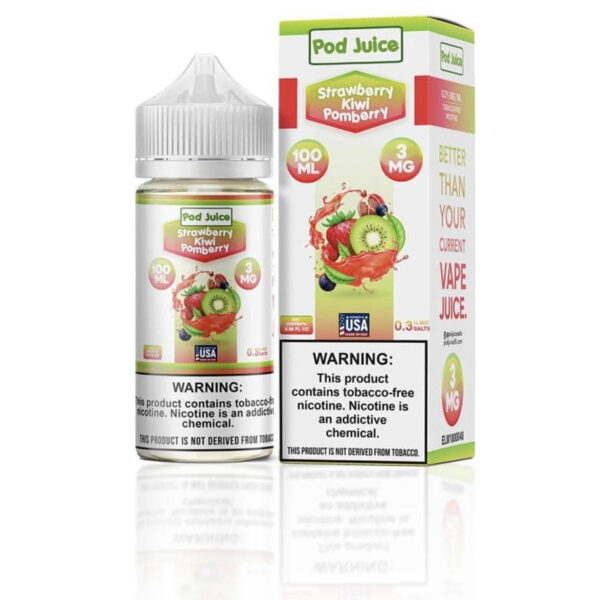 Vape juice bottle and packaging with strawberry kiwi pomberry flavor on a white background