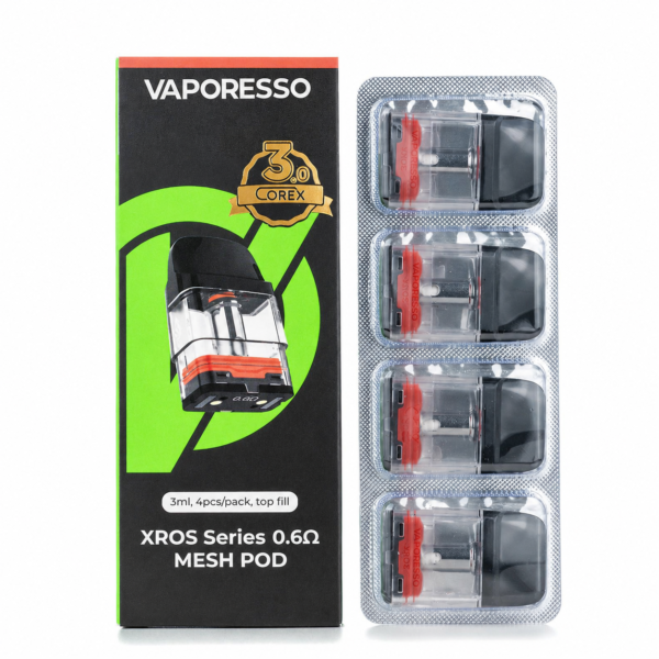 Vaporesso XROS Series mesh pod packaging with four pods on a white background
